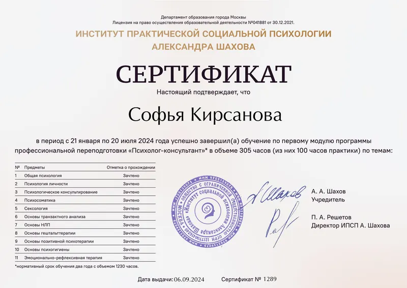 Sofia Kirsanidou's psychologist-consultant diploma (IIPP), front
